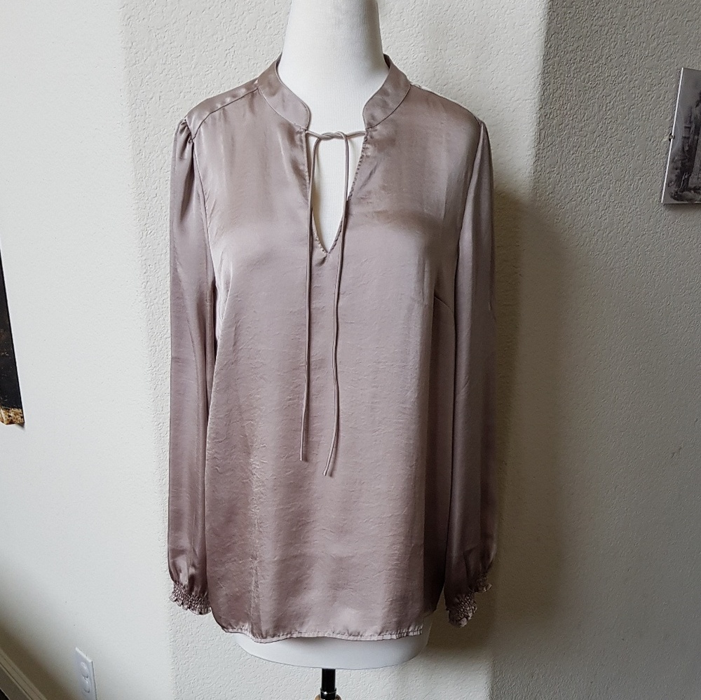 LOFT Dark Beige Tie-neck Peasant Blouse {NWT}
